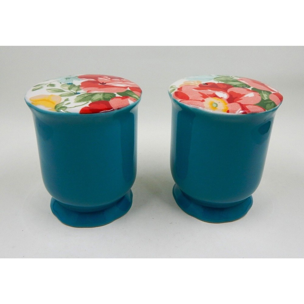 Pioneer Woman Vintage Floral Salt and Pepper Shakers Ceramic Teal